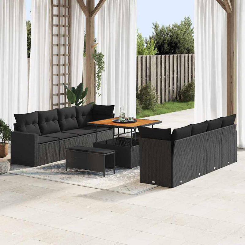 vidaXL Garden Sofa Set Height-Adjustable 11 pcs Black Poly Rattan