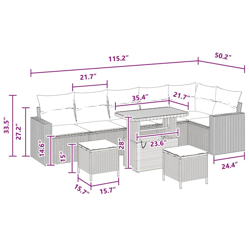 vidaXL Garden Sofa Set Height-Adjustable 9 pcs Black Poly Rattan