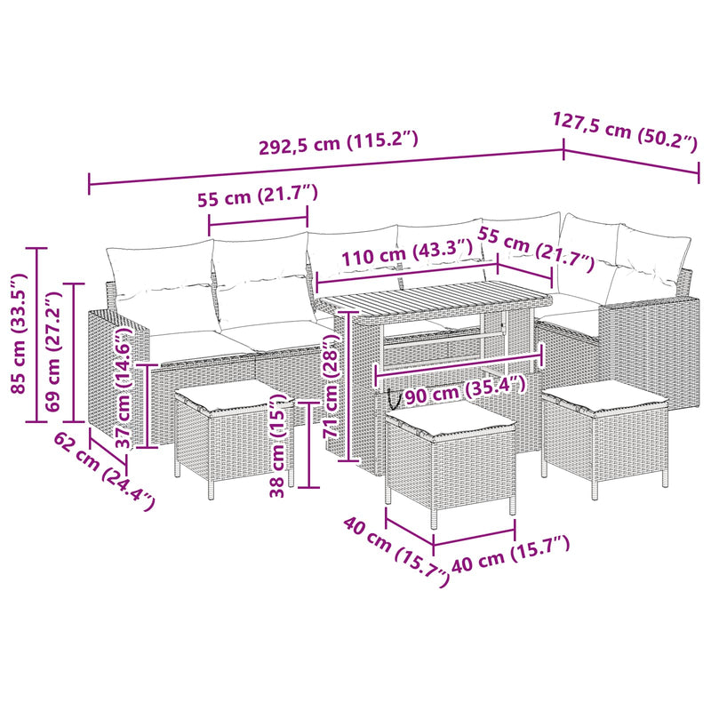 vidaXL Garden Sofa Set Height-Adjustable 10 pcs Black Poly Rattan