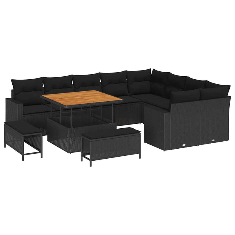 vidaXL Garden Sofa Set Height-Adjustable 12 pcs Black Poly Rattan
