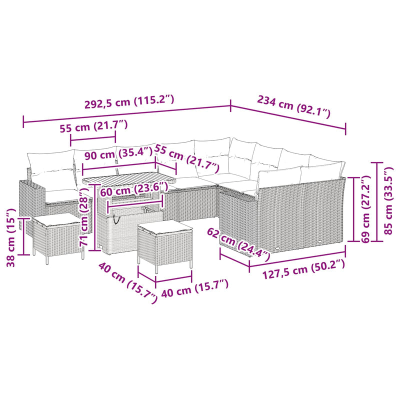 vidaXL Garden Sofa Set Height-Adjustable 12 pcs Black Poly Rattan
