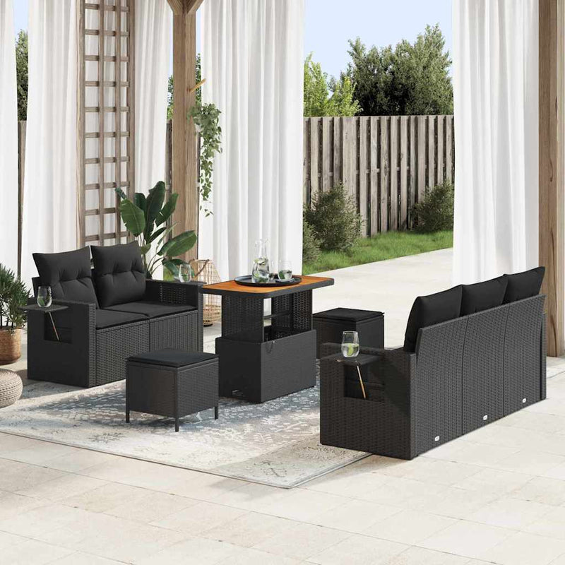 vidaXL Garden Sofa Set Height-Adjustable 8 pcs Black Poly Rattan