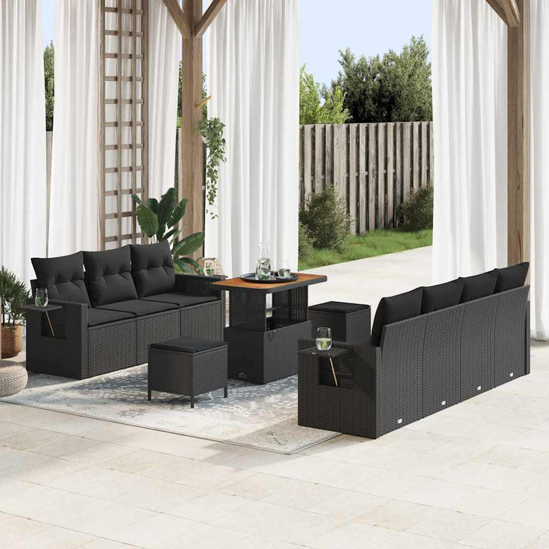 vidaXL Garden Sofa Set with Cushion 10 pcs Black Poly Rattan