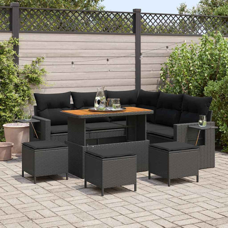 vidaXL Garden Sofa Set with Cushion 9 pcs Black Poly Rattan