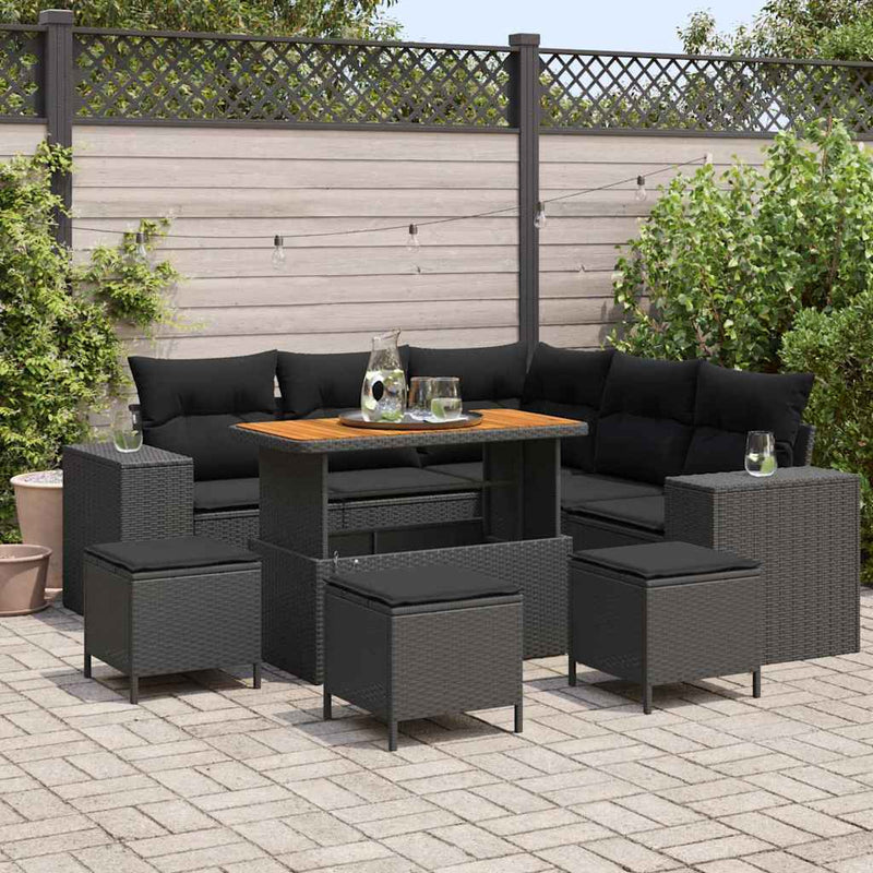 vidaXL Garden Sofa Set with Cushion 9 pcs Black Poly Rattan