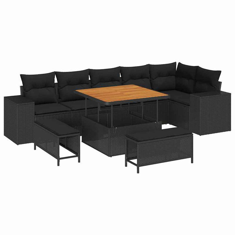 vidaXL Garden Sofa Set Height-Adjustable 9 pcs Black Poly Rattan