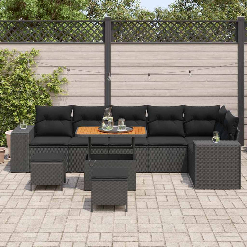 vidaXL Garden Sofa Set with Cushion 9 pcs Black Poly Rattan
