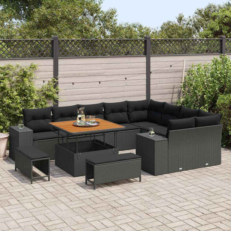 vidaXL Garden Sofa Set Height-Adjustable 12 pcs Black Poly Rattan