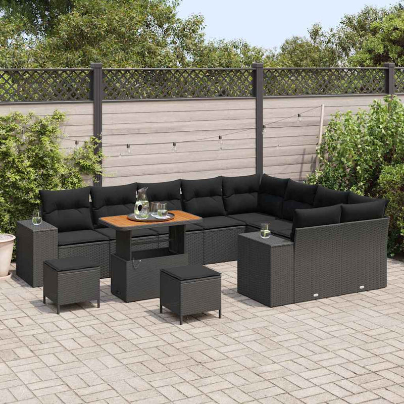 vidaXL Garden Sofa Set Height-Adjustable 12 pcs Black Poly Rattan