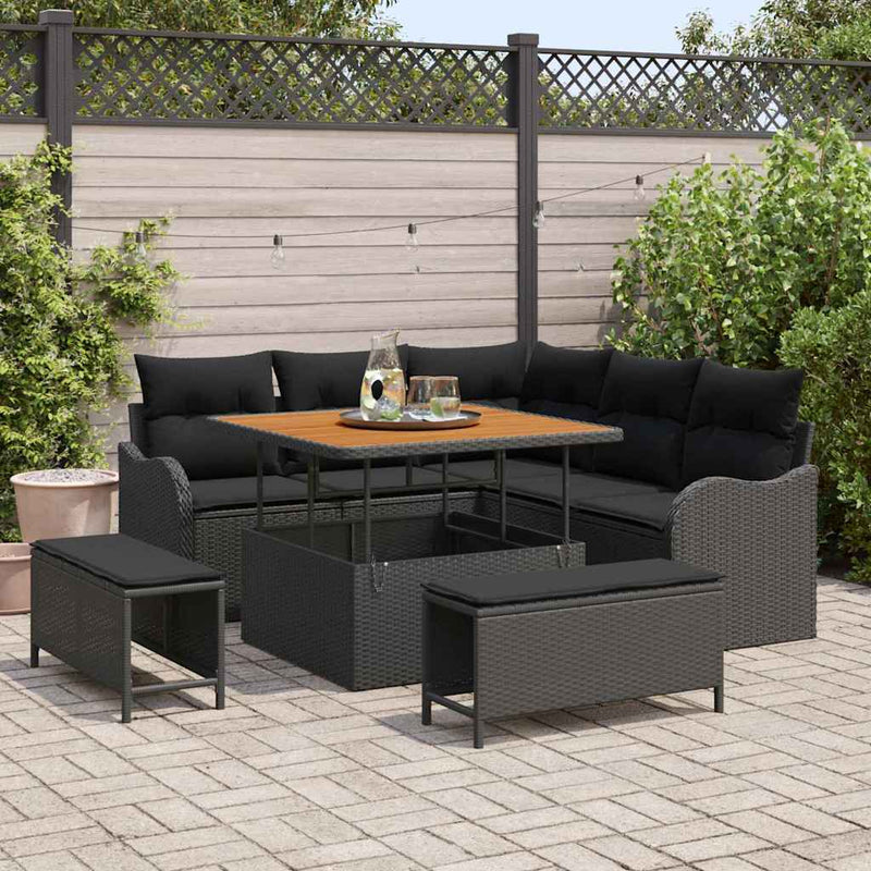 vidaXL Garden Sofa Set Height-Adjustable 8 pcs Black Poly Rattan
