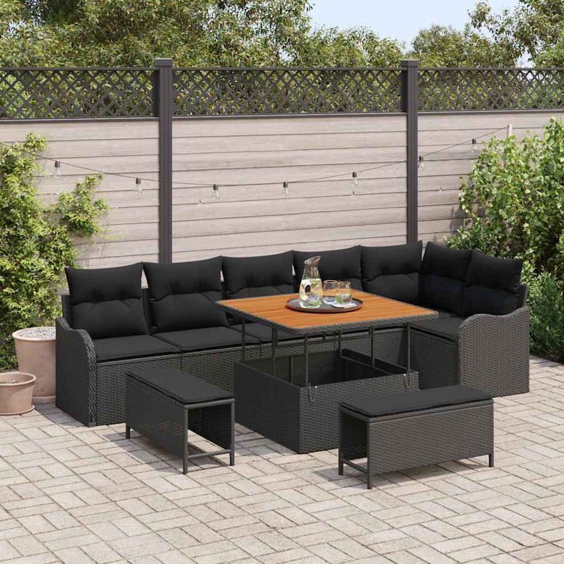 vidaXL Garden Sofa Set Height-Adjustable 9 pcs Black Poly Rattan