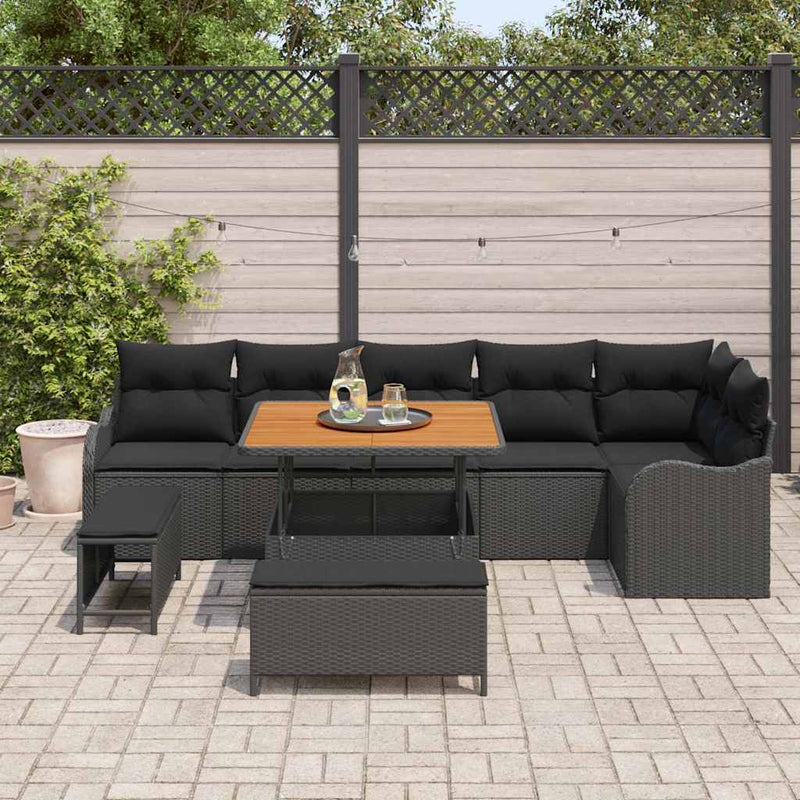 vidaXL Garden Sofa Set Height-Adjustable 9 pcs Black Poly Rattan