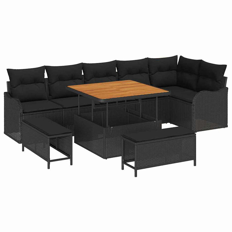 vidaXL Garden Sofa Set Height-Adjustable 9 pcs Black Poly Rattan