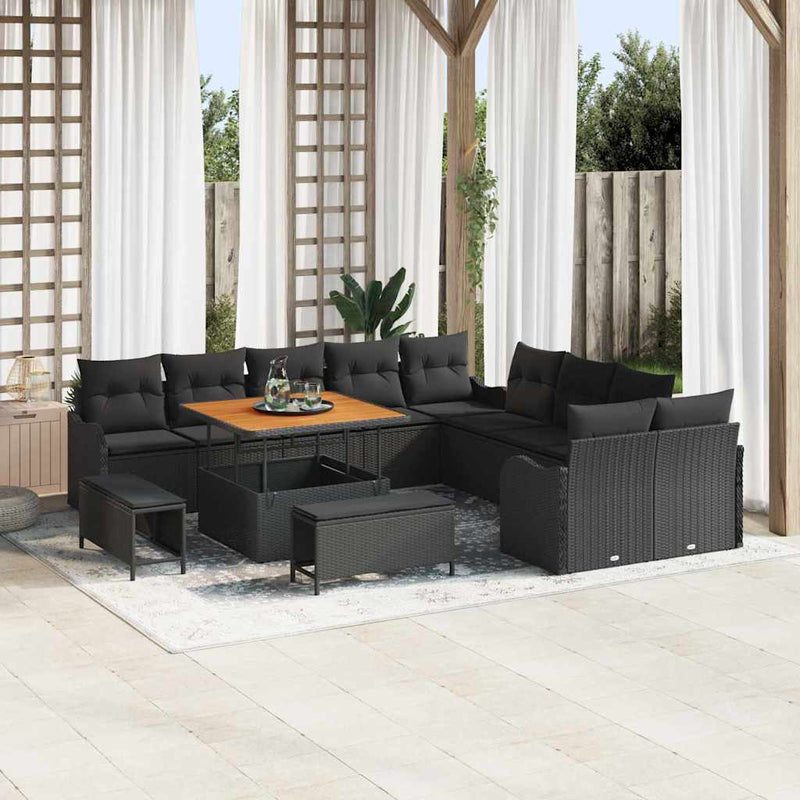 vidaXL Garden Sofa Set Height-Adjustable 13 pcs Black Poly Rattan