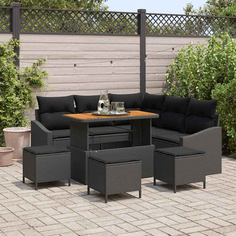 vidaXL Garden Sofa Set with Cushion 9 pcs Black Poly rattan