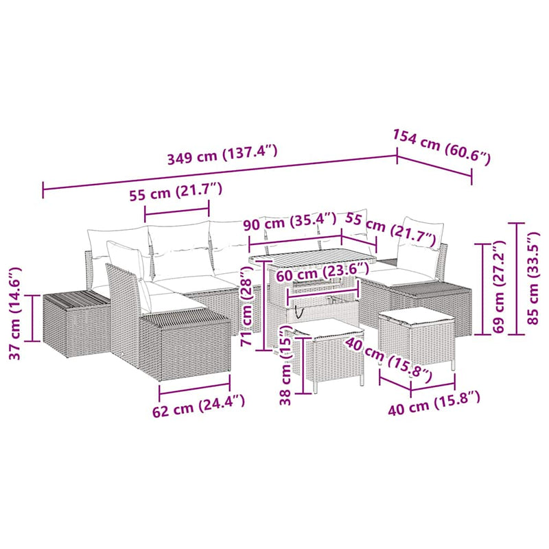 vidaXL Garden Sofa Set with Cushion 10 pcs Black Poly rattan