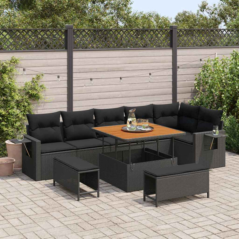 vidaXL Garden Sofa Set with Storage 9 pcs Black Poly rattan