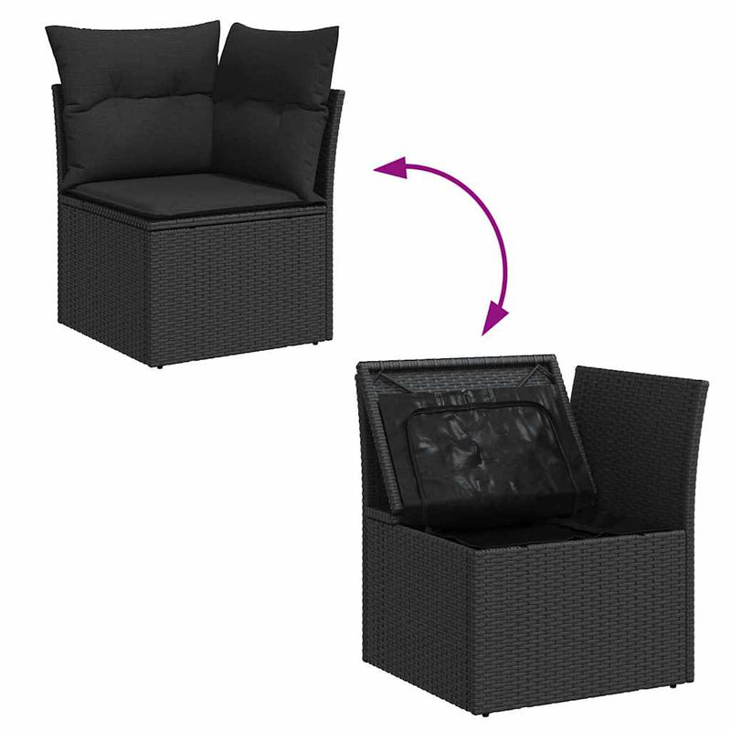 vidaXL Garden Sofa Set with Cushion with Storage Black Poly rattan