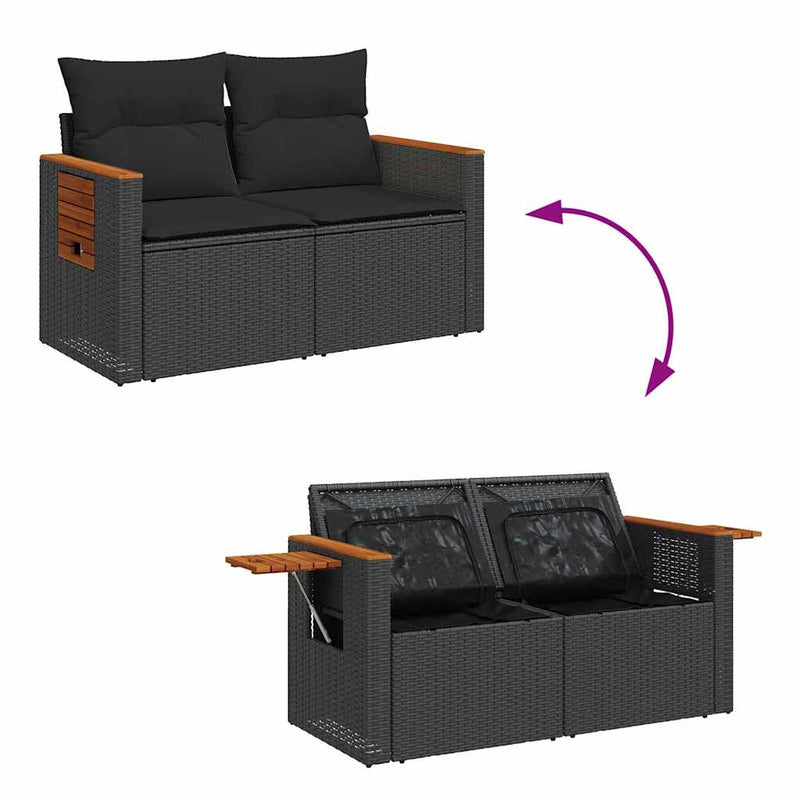 vidaXL Garden Sofa Set with Cushion with Storage Black Poly rattan