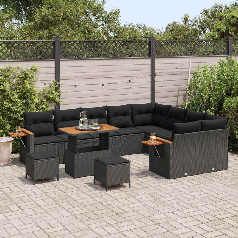 vidaXL Garden Sofa Set with Cushion with Storage Black Poly rattan