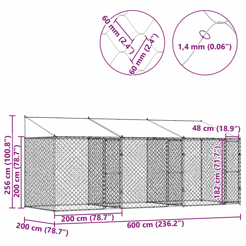 Dog Cage with Roof Silver 600 x 200 x 256 cm Steel and PE