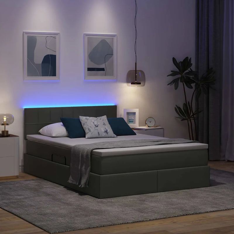 Bed with LED Strip Lights Dark Grey 152 x 203 cm Fabric
