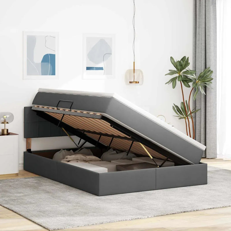 Bed with LED Strip Lights Dark Grey 152 x 203 cm Fabric