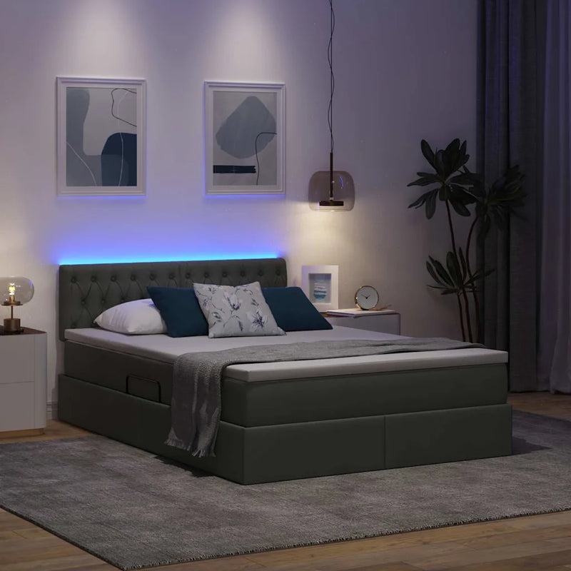 Bed with LED Strip Lights Dark Grey 152 x 203 cm Fabric
