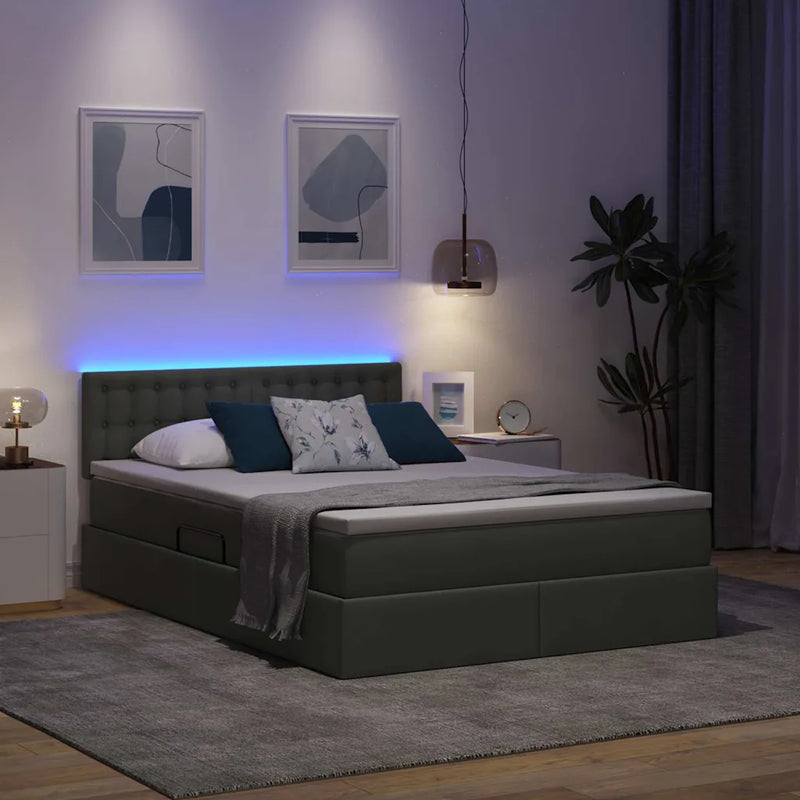 Bed with LED Strip Lights Dark Grey 152 x 203 cm Fabric
