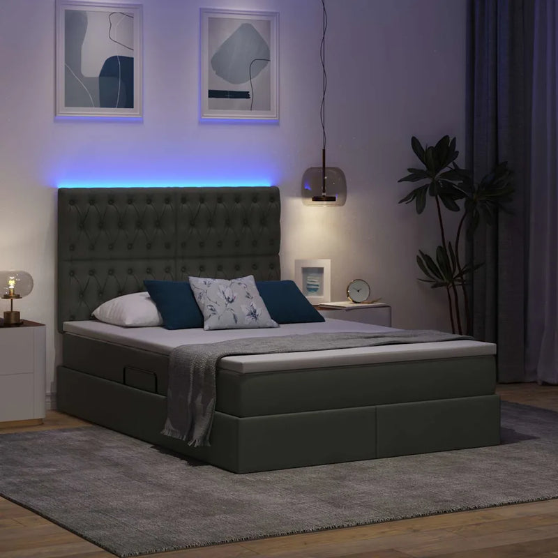 Bed with LED Strip Lights Dark Grey 152 x 203 cm Fabric