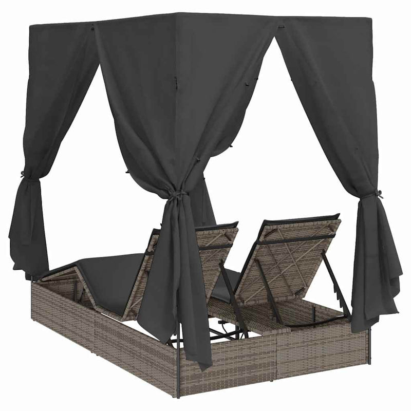 vidaXL Double Sun Lounger with Roof Grey 205 x 129 x 200 cm PE rattan
