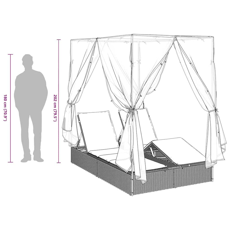 vidaXL Double Sun Lounger with Roof Grey 205 x 129 x 200 cm PE rattan