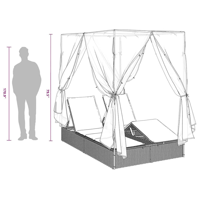 vidaXL Double Sun Lounger with Roof Grey 205 x 129 x 200 cm PE rattan