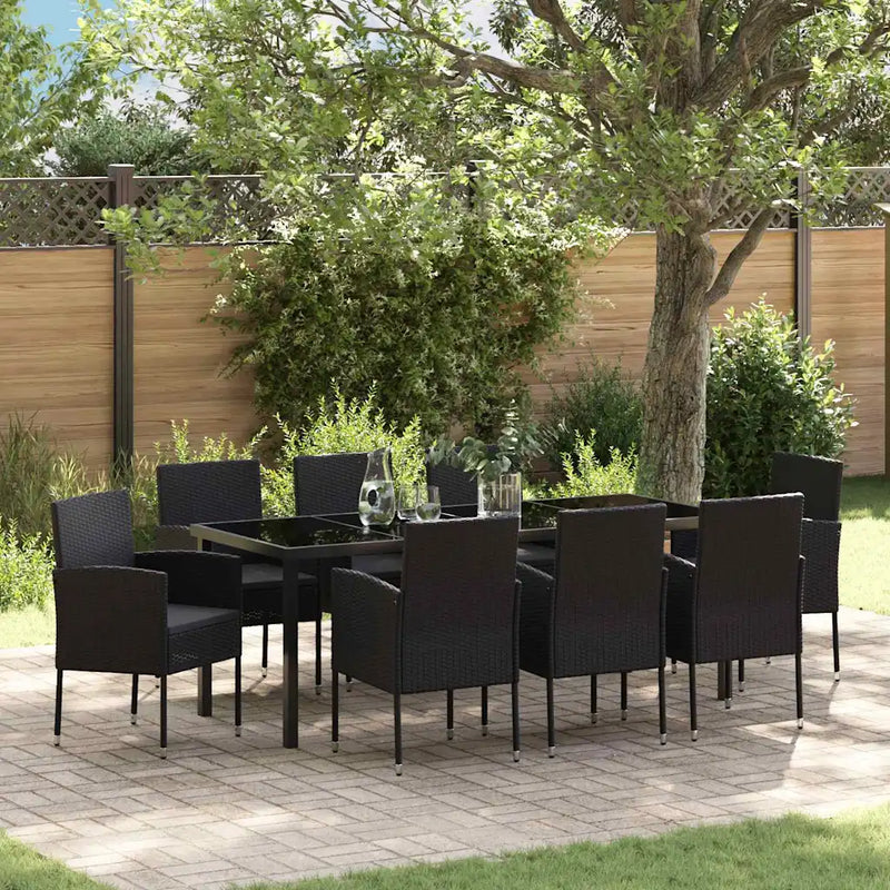 Garden Dining Set with Cushion 9 pcs Black Poly Rattan