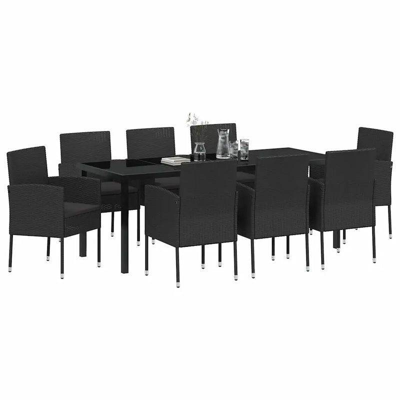 Garden Dining Set with Cushion 9 pcs Black Poly Rattan