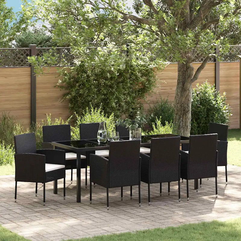 Garden Dining Set with Cushion 9 pcs Black Poly Rattan