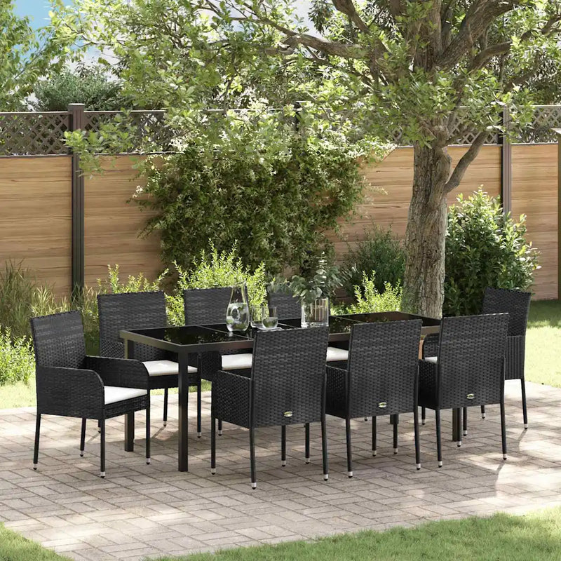 Garden Dining Set with Cushion 9 pcs Black Poly Rattan