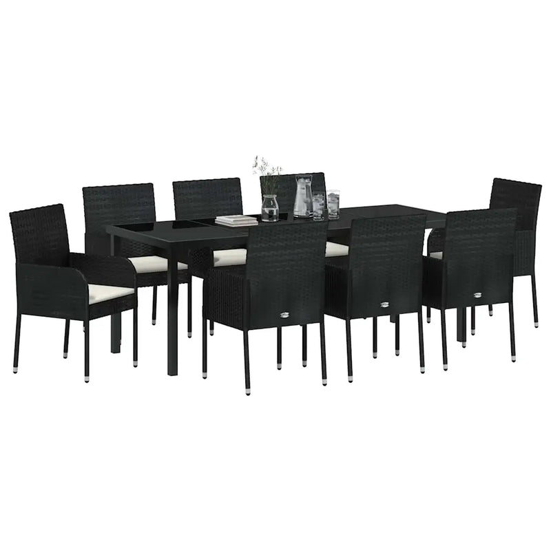 Garden Dining Set with Cushion 9 pcs Black Poly Rattan