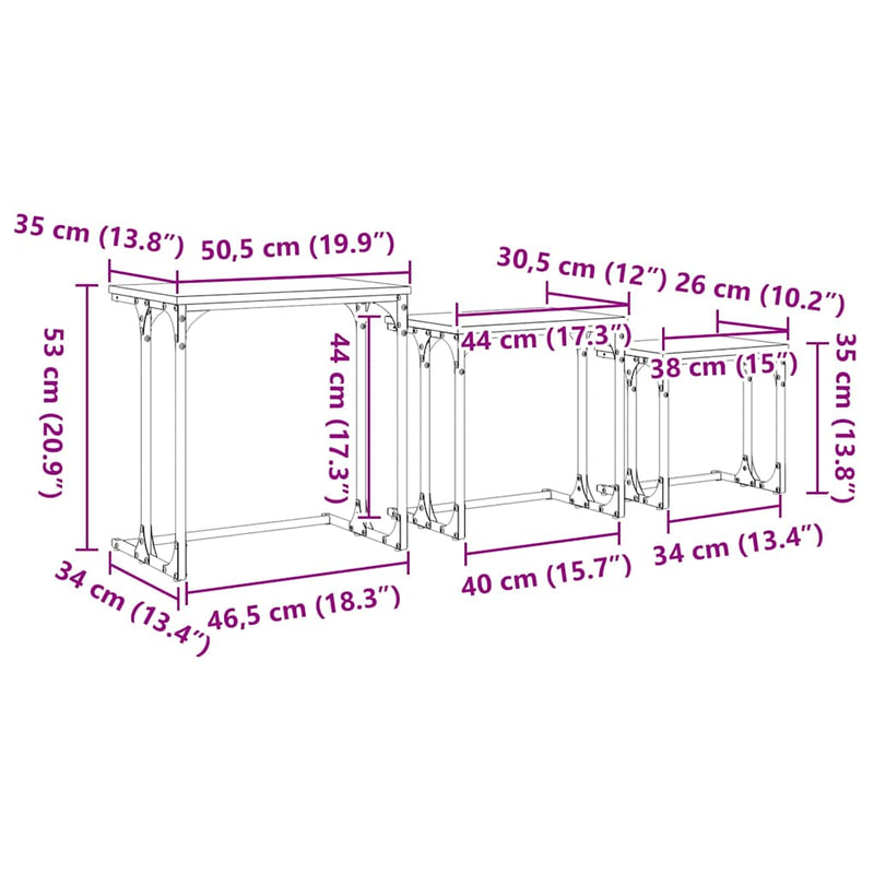 vidaXL Nesting Coffee Table 3 pcs Black oak 50.5 x 35 x 53 cm
