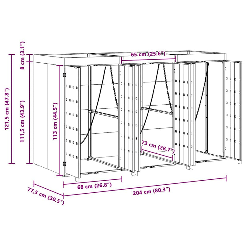 Wheelie Bin Storage for 3 Bins Black 204 x 77,5 x 121,5 cm