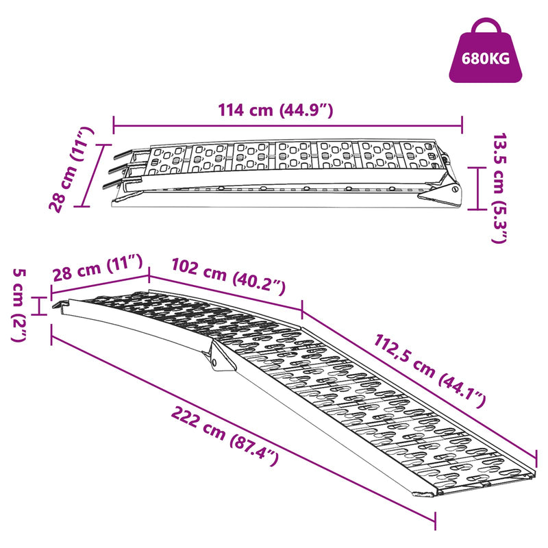 vidaXL Loading Ramp Folding 2 pcs Silver 222 x 28 x 5 cm Aluminium