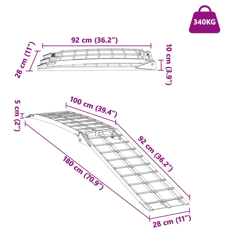vidaXL Motorcycle Ramp Folding Silver 180 x 28 x 5 cm Aluminium
