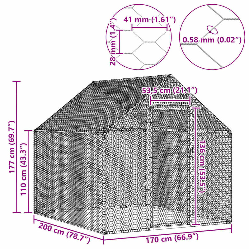 vidaXL Chicken Cage Silver 200x170x177cm Galvanised Steel