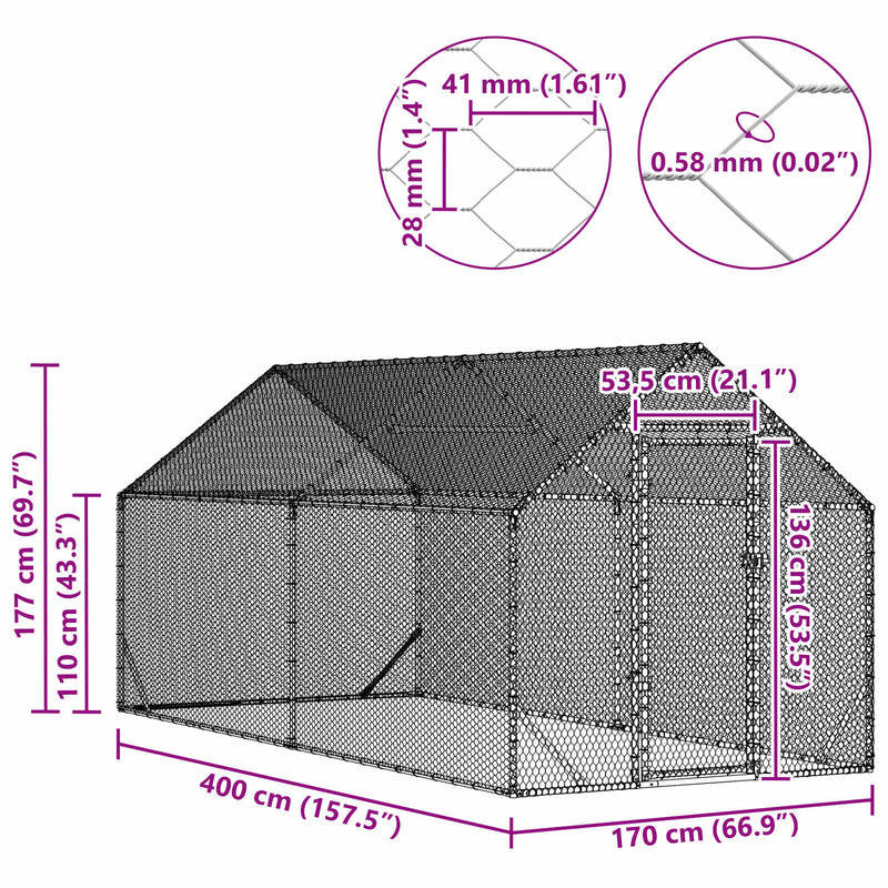 vidaXL Chicken Cage Silver 400x170x177cm Galvanised Steel