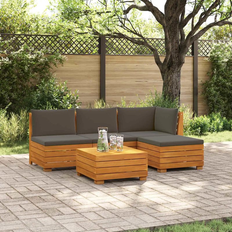 Outdoor Sofa Set with Cushion 5 Piece Brown Solid Acacia Wood
