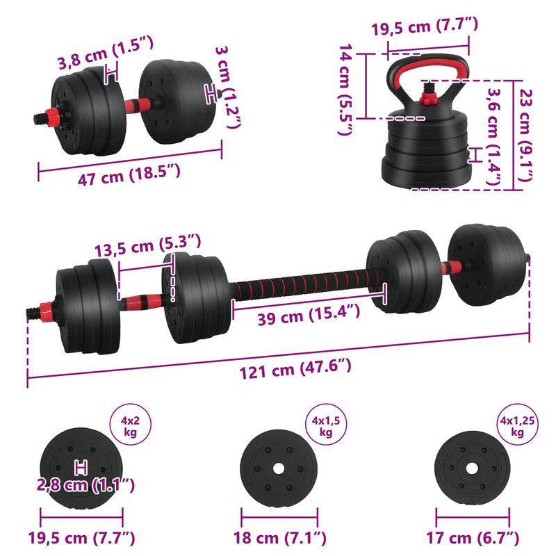 vidaXL 4-in-1 Dumbbell Set Black and Red 121 x 19.5 x 19.5 cm