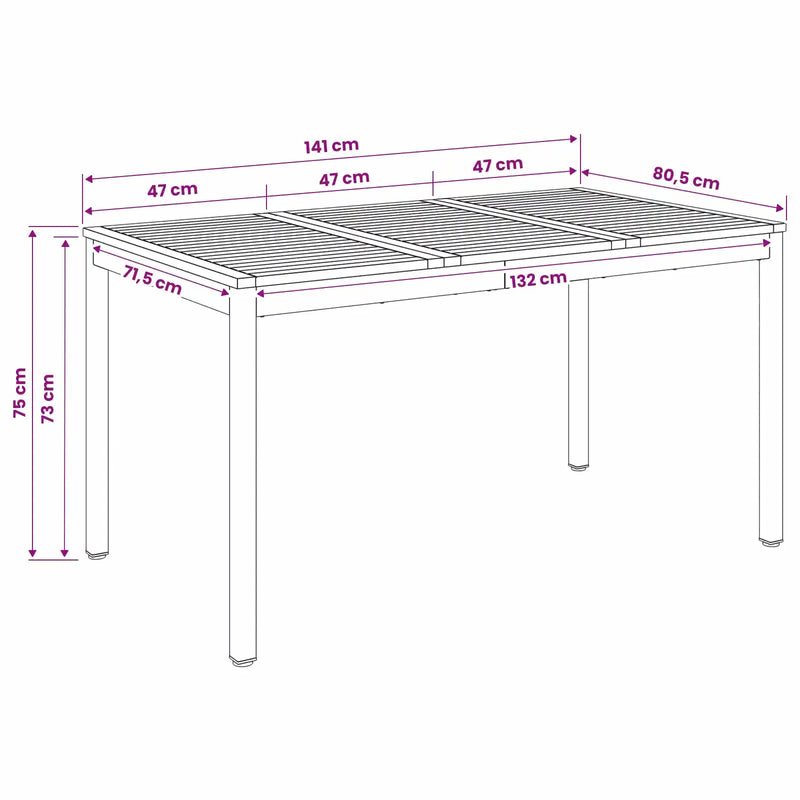 Garden Dinner Table Natural and Black 141 x 80.5 x 75 cm