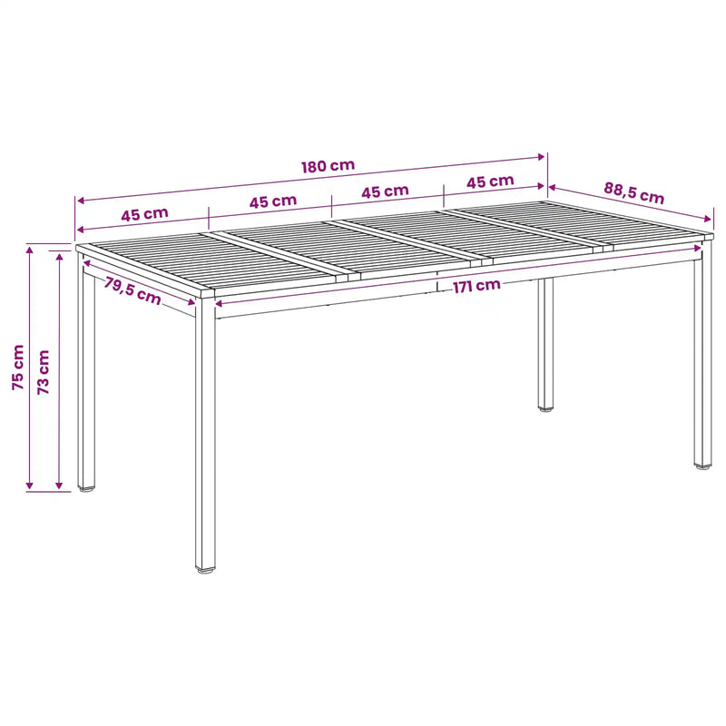 Garden Dinner Table Natural and Black 180 x 88.5 x 75 cm