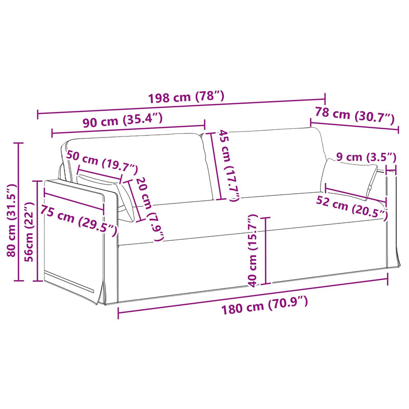 Sofa Dark Grey Overall dimensions: 198 x 78 x 80 cm (W x D x H)