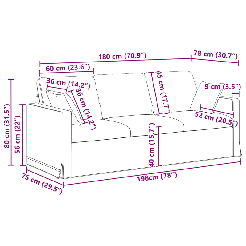 Sofa Black Overall dimensions: 198 x 78 x 80 cm (W x D x H)